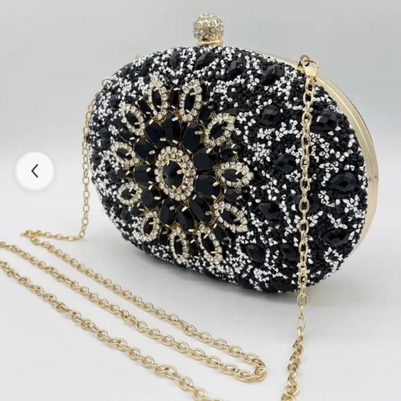 Flower Pattern black Rhinestone gold Metal Chain Handbag evening Clutch 8.2"x 5" - Picture 2 of 9
